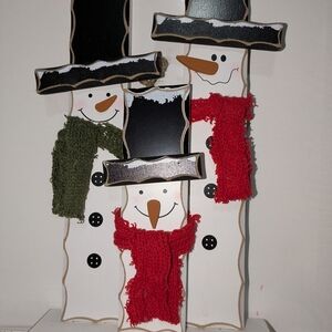 Charming Wooden Snowman Trio with Black Hats and Red Scarves
